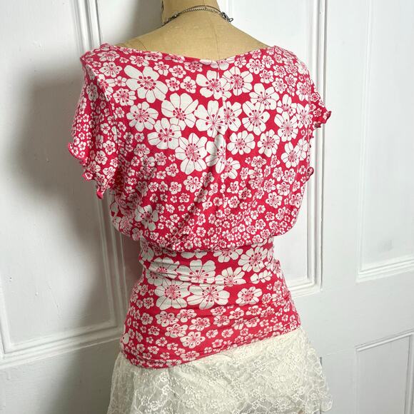 Floral pink/white semi off shoulder top with cowl top and cinched waist size XS - Picture 7 of 8